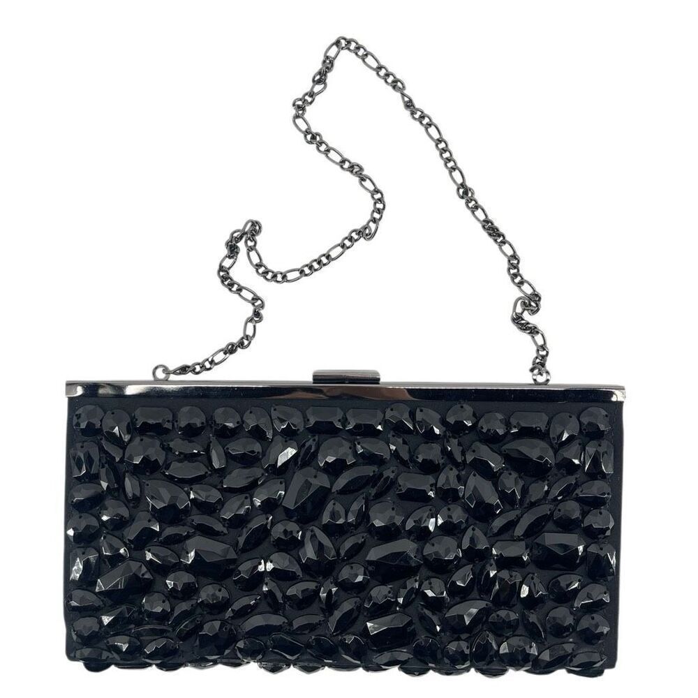 White House Black Market Black Faceted Beaded Evening Clutch Hard Case - Picture 2 of 11